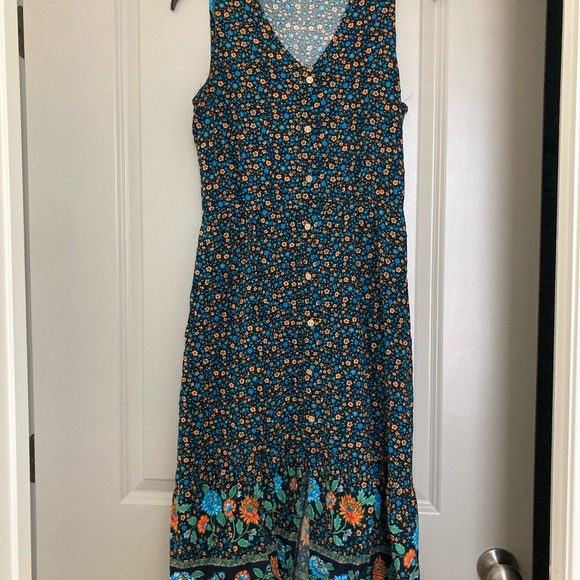 Floral Sleeveless Midi Dress - Black and Orange - Picture 4 of 10